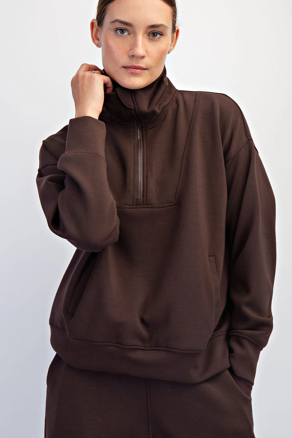 Chocolate Brown Modal Scuba Quarter Zip Funnel Neck Pullover