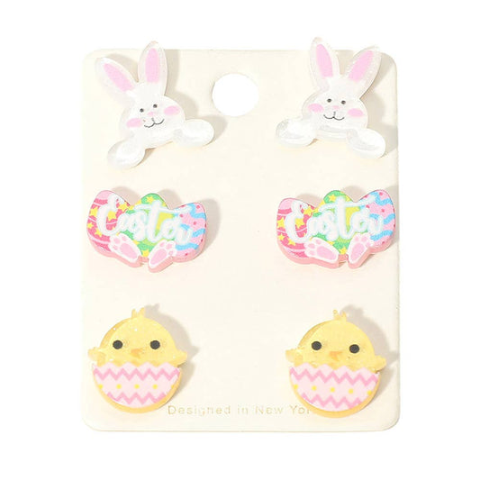 3Pairs - Easter Bunny Egg Chick Stud Earring Set