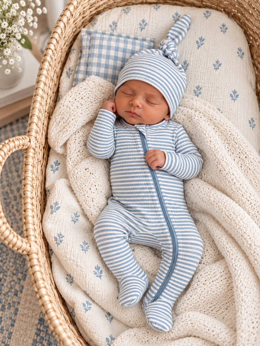 Dusty Blue Stripe / Ribbed 2-Way Zip Footie