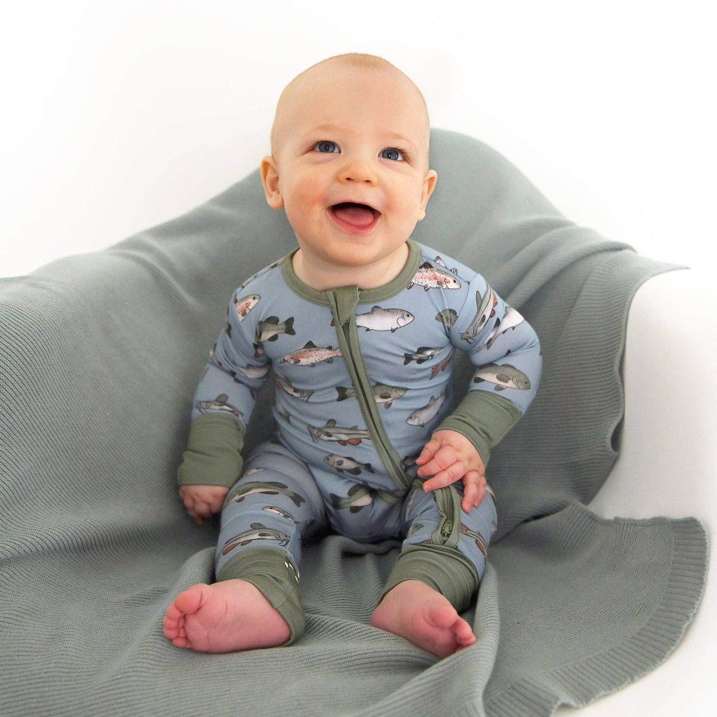 Wade ZIP Bamboo Fish One Piece Baby Outfit