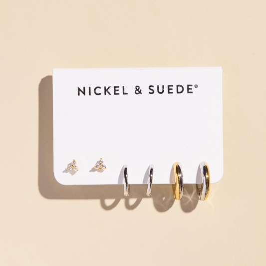 Mixed Metal Dainty Earring Set Nickel & Suede