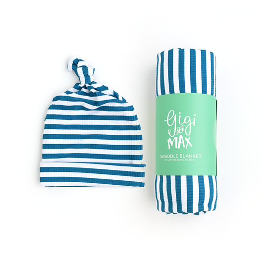 Cooper Blue Ribbed SWADDLE Bamboo Stripe Blanket Coming Home