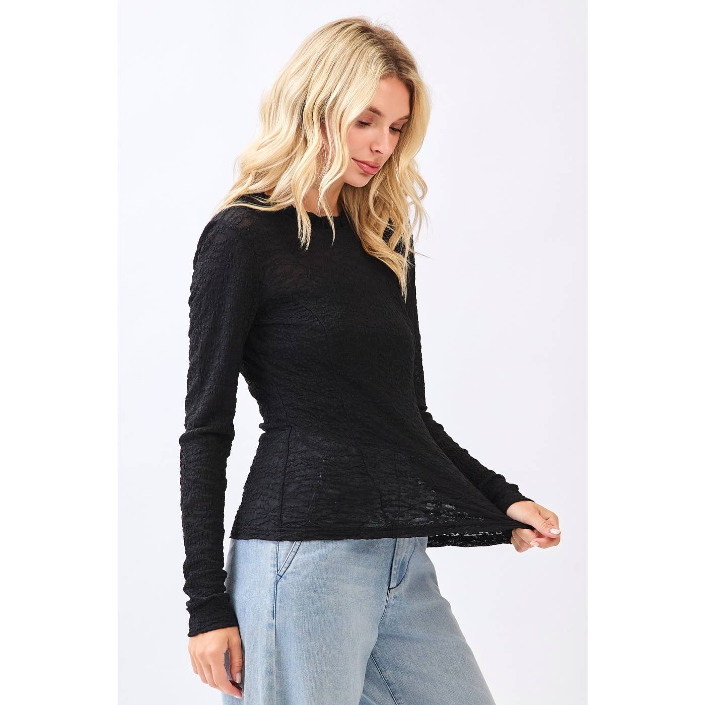 Bone Lace Long Sleeve Ruffle neck layering top