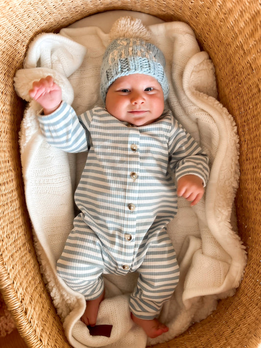 Baby Dusty Blue Stripe / Organic Ribbed Long Sleeve Bay Jumpsuit