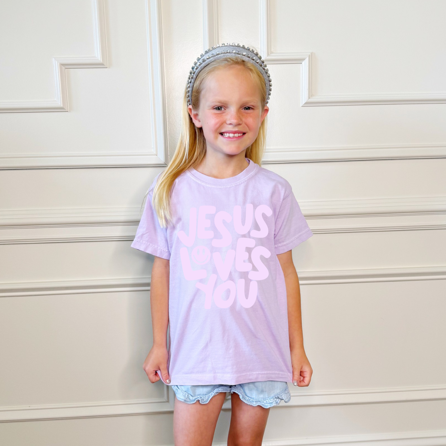 Smiley Jesus Loves You Puff Youth Tee