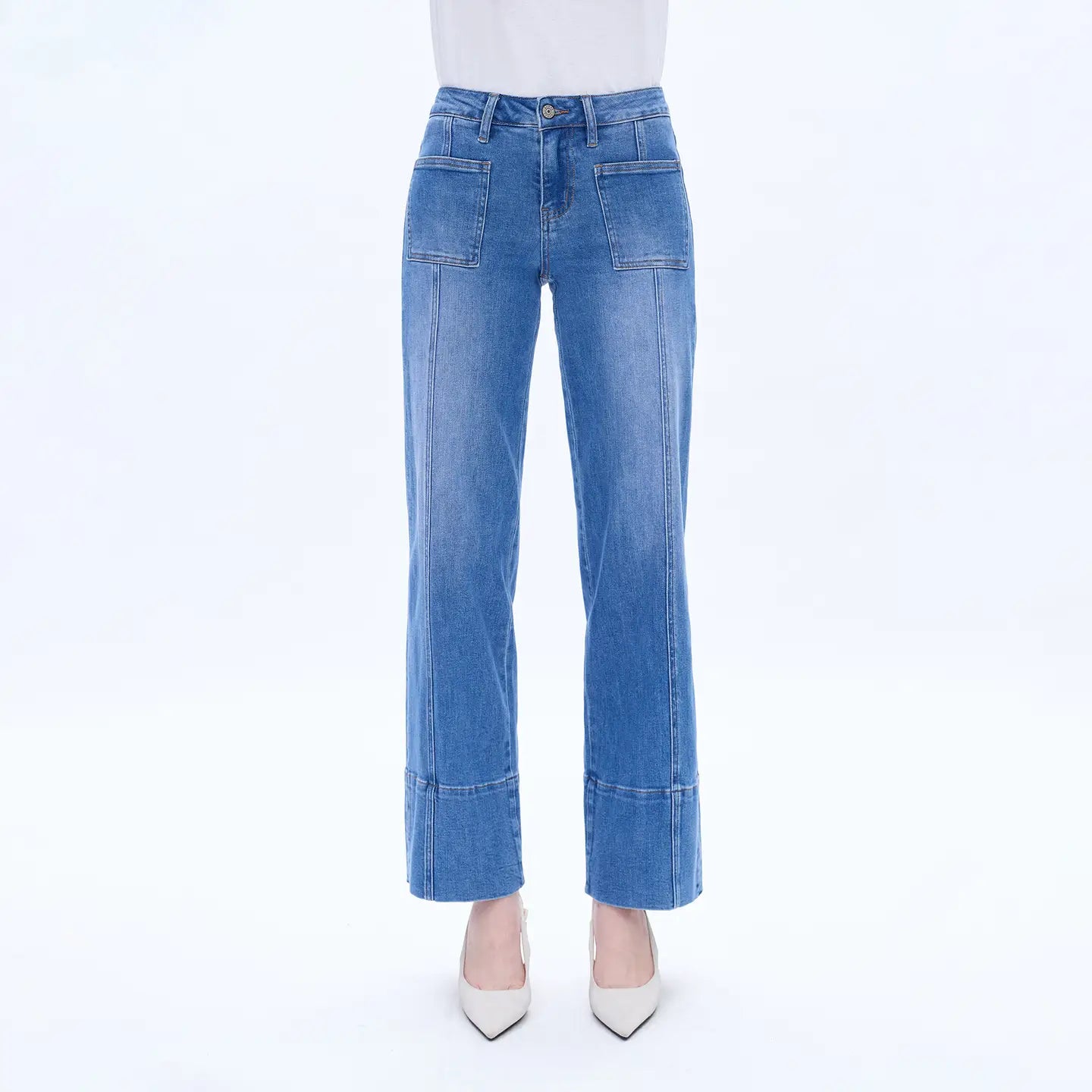 Mid Rise Wide Leg Denim Jeans with Finishe Hem