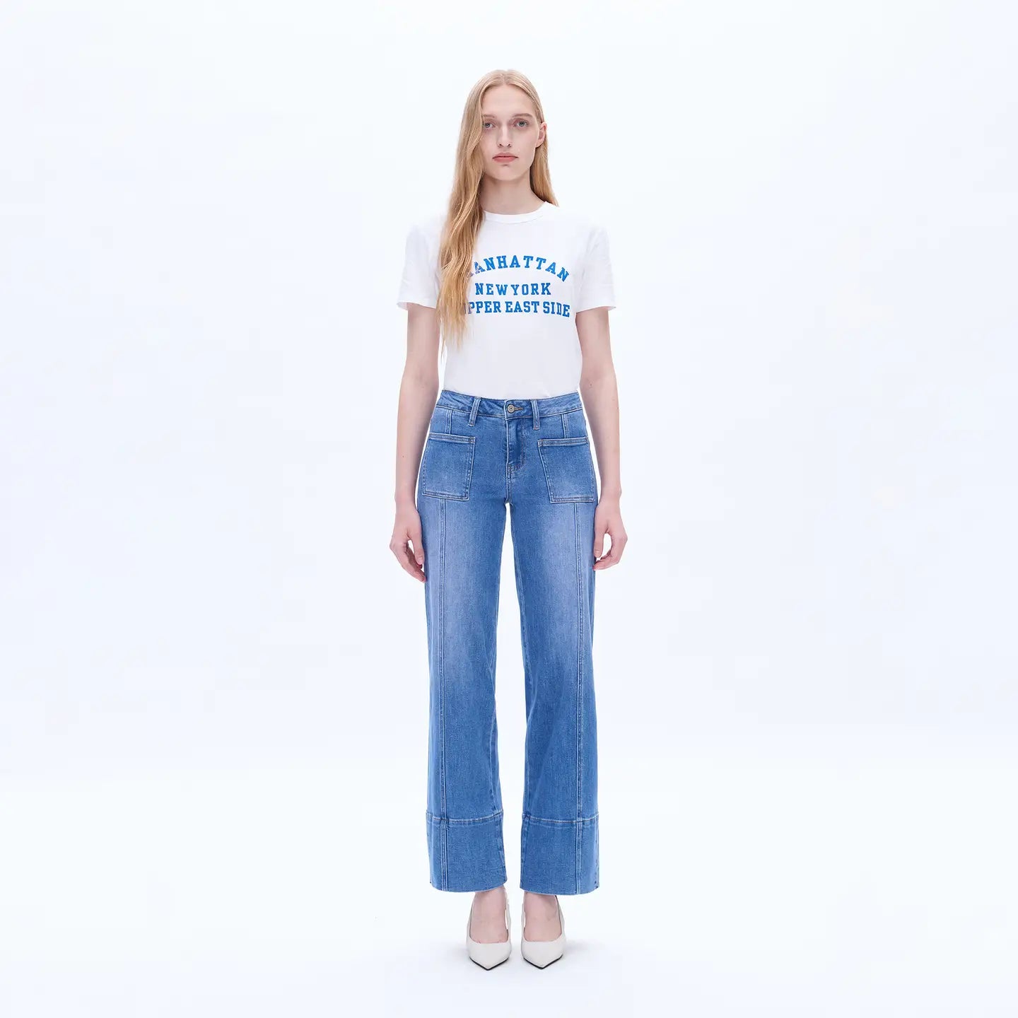 Mid Rise Wide Leg Denim Jeans with Finishe Hem