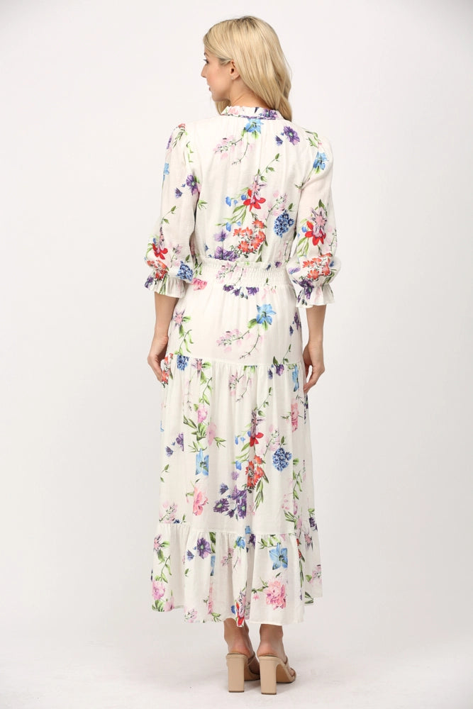 Floral Motif Print Cotton Gathered Waist Midi Dress