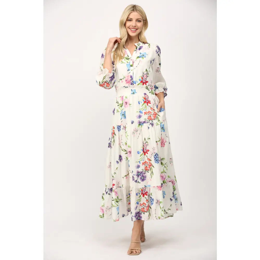 Floral Motif Print Cotton Gathered Waist Midi Dress