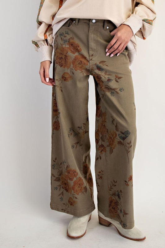 Olive Flower Print Twill Pants