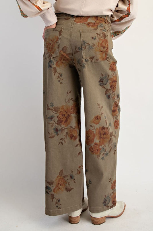 Olive Flower Print Twill Pants