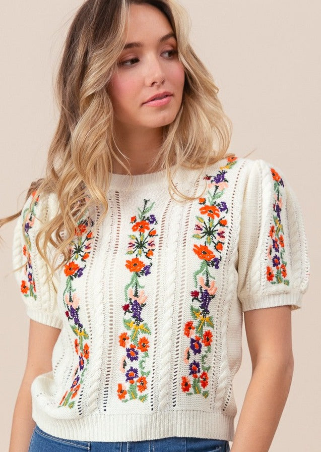 Flower embroidery pointelle short sleeve sweater