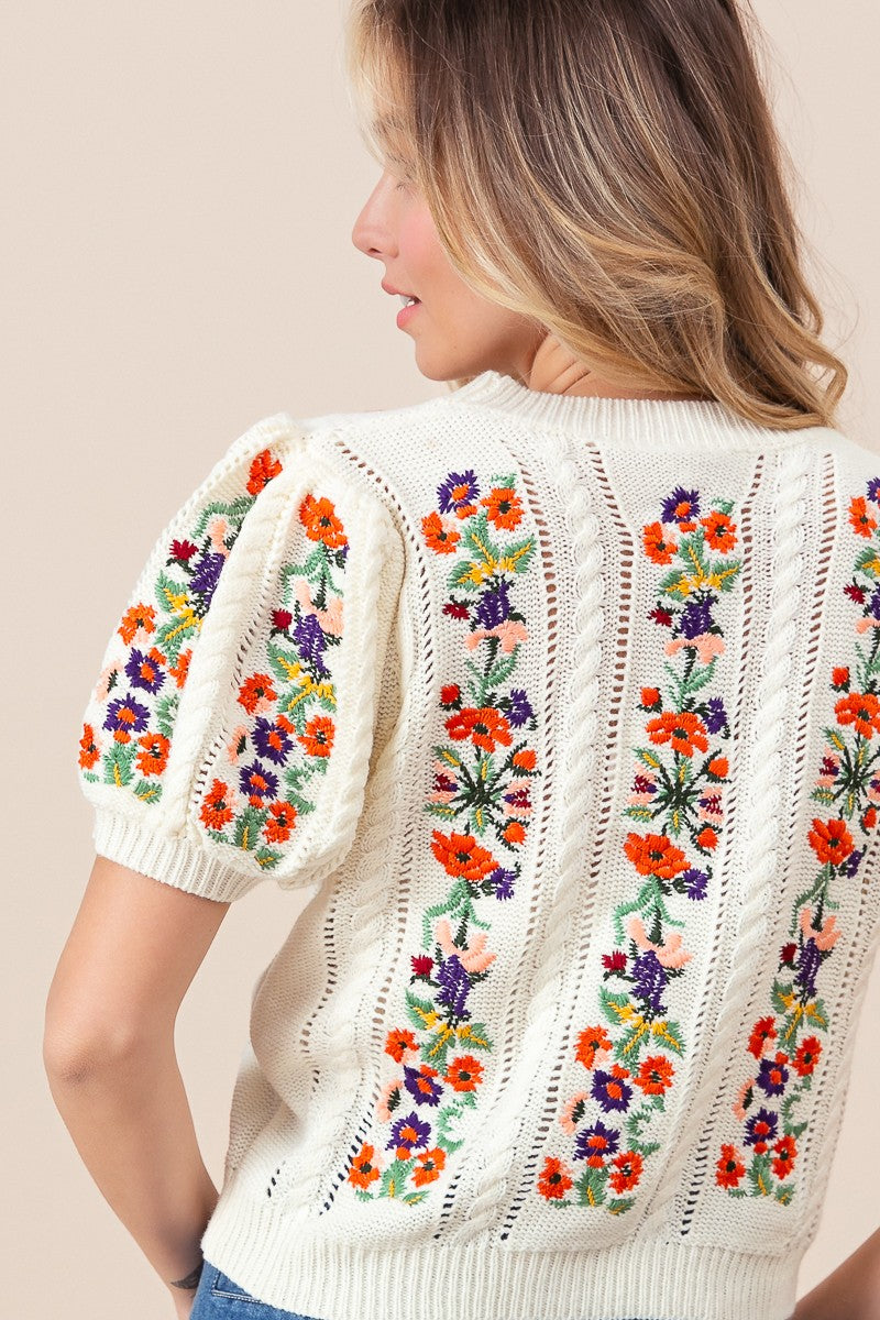 Flower embroidery pointelle short sleeve sweater
