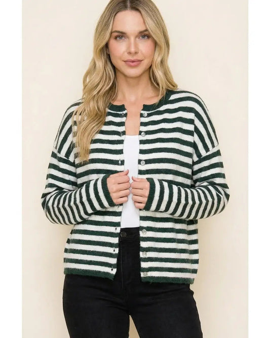 Forrest Green Striped Button Down Sweater Carigan