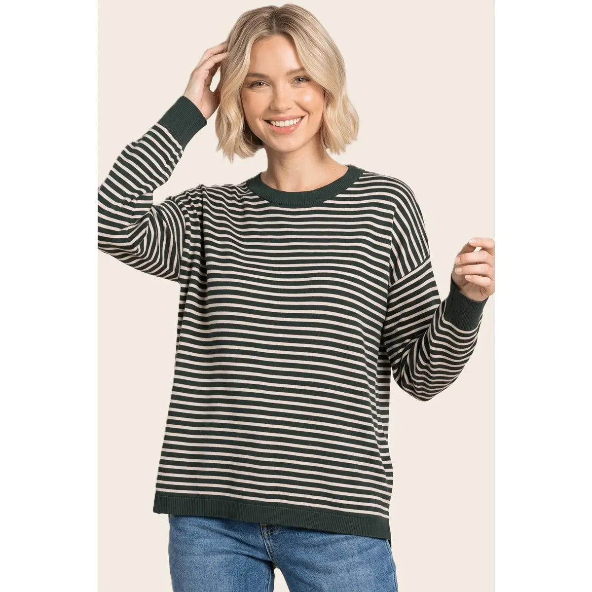 Hunter Green Loose Fit Striped Sweater