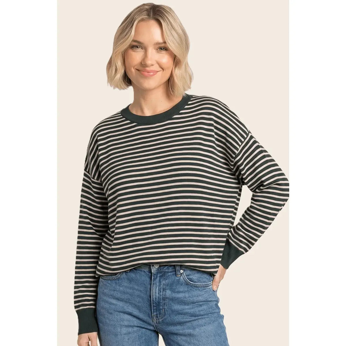 Hunter Green Loose Fit Striped Sweater