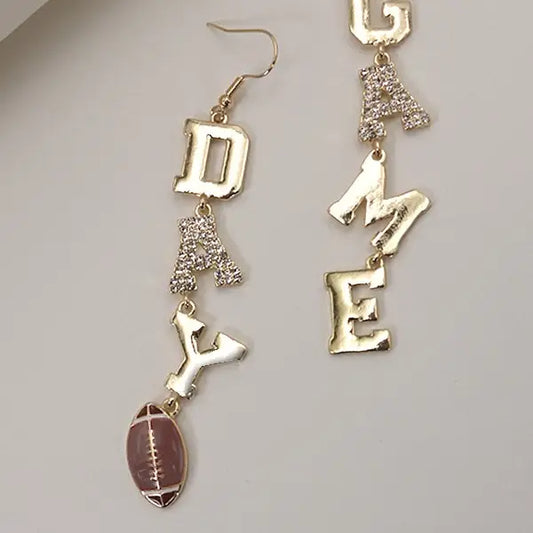 Game Day Foot Ball Rhinestone Gold Drop Earrings