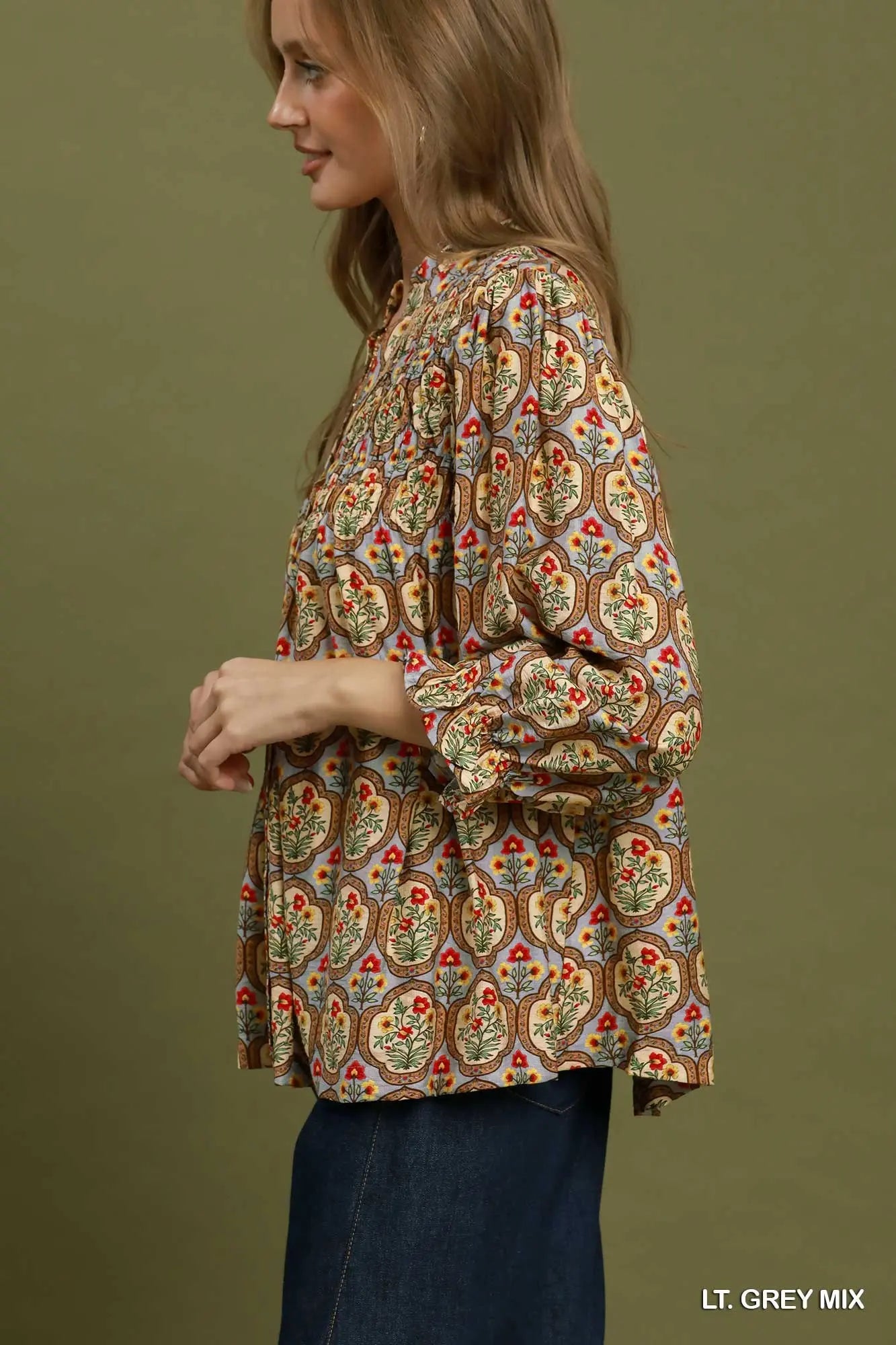 Boho Floral Medallion Print Split Neck Blouse
