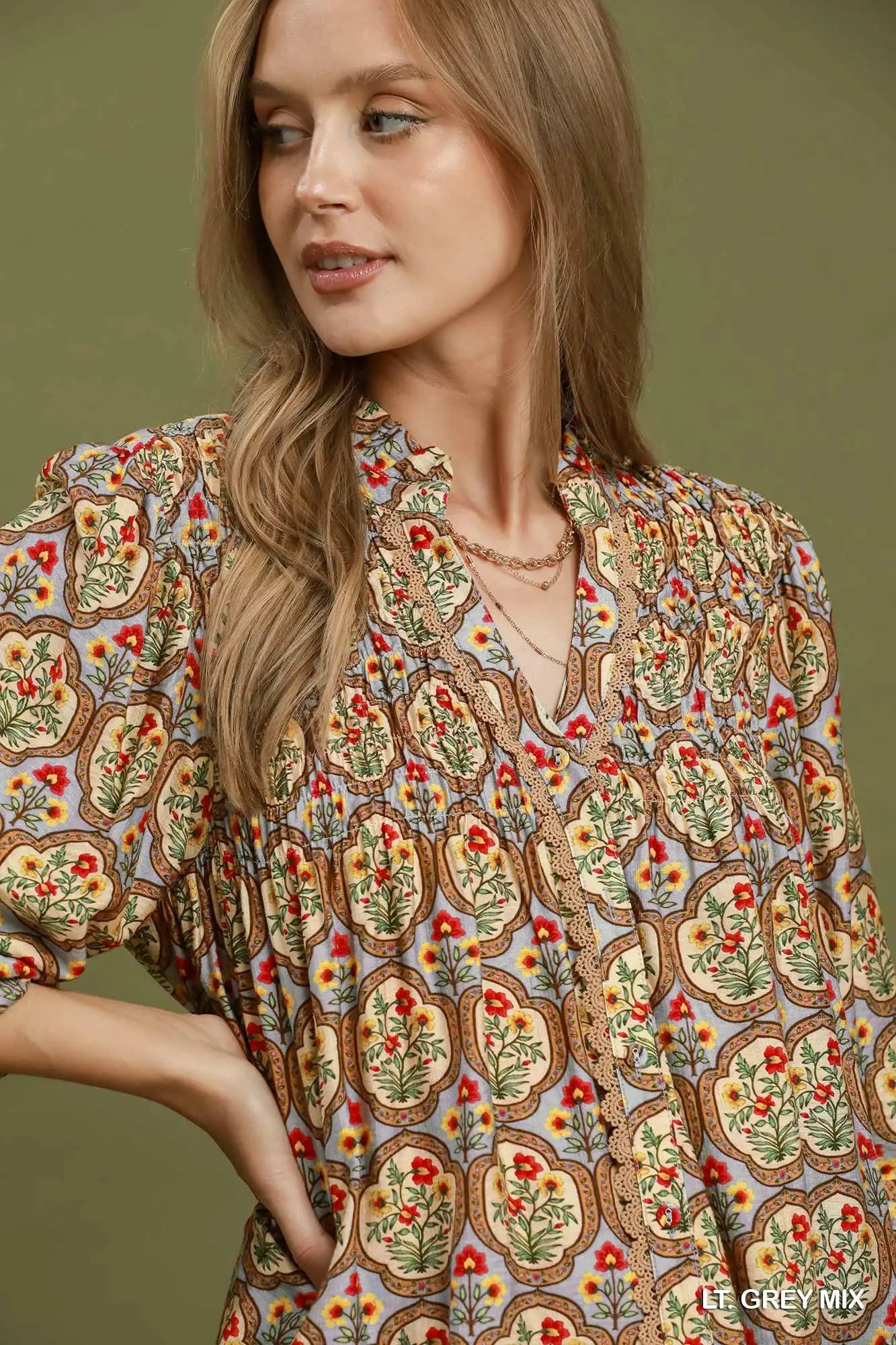 Boho Floral Medallion Print Split Neck Blouse