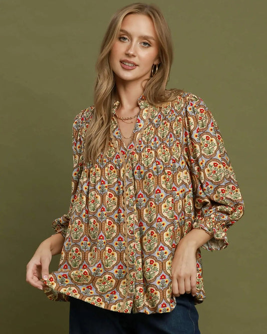 Boho Floral Medallion Print Split Neck Blouse