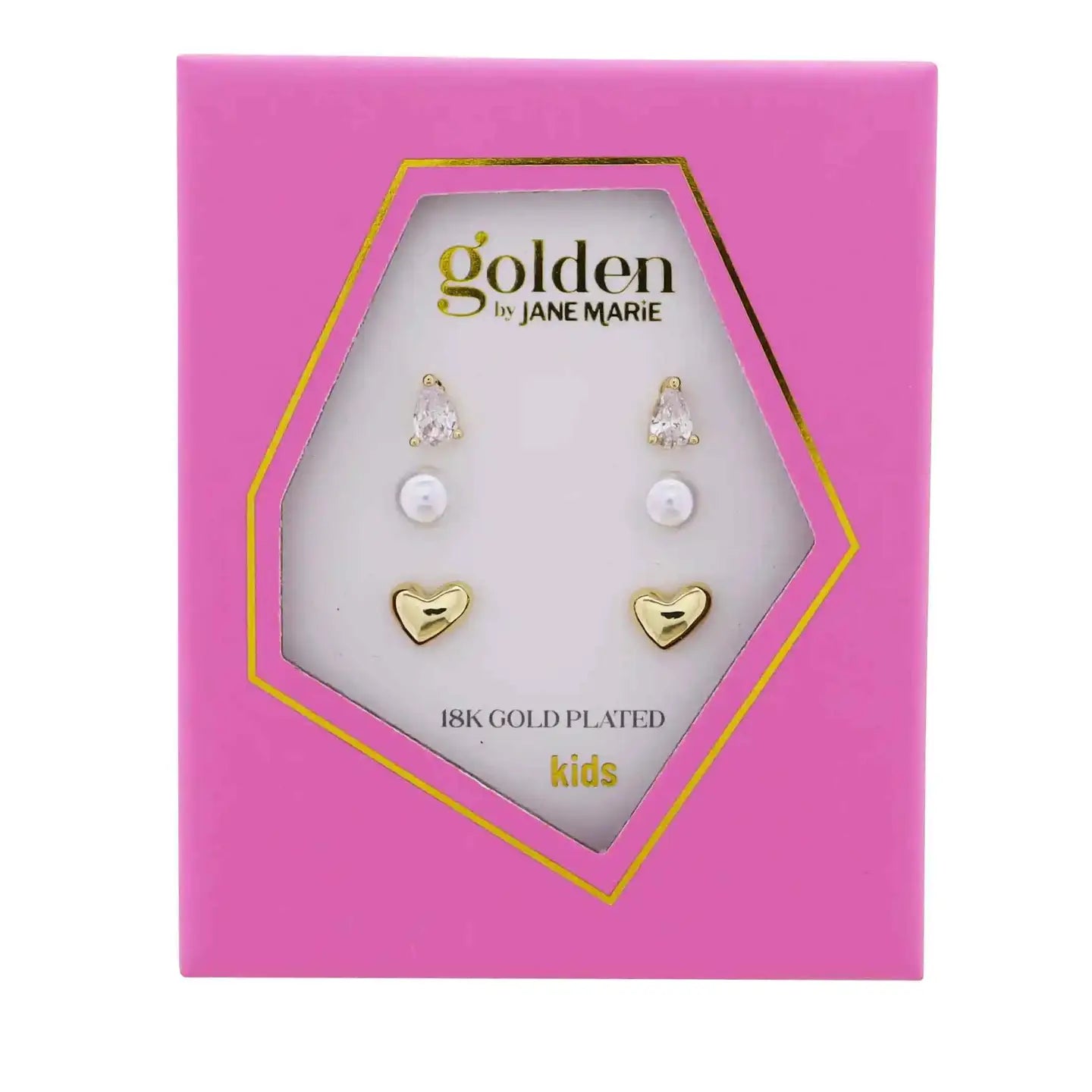 Kids Gold Set of 3, Clear Crystal Teardrop, Pearl, Gold