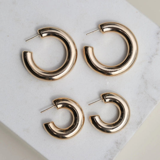 Gold Hollow Statement Hoops - Small - Nickel & Suede
