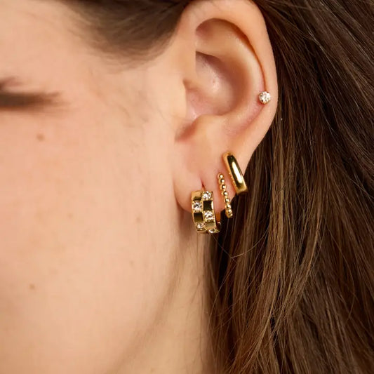 Gold Pavé Checkered Huggies - Nickel & Suede
