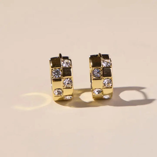 Gold Pavé Checkered Huggies - Nickel & Suede