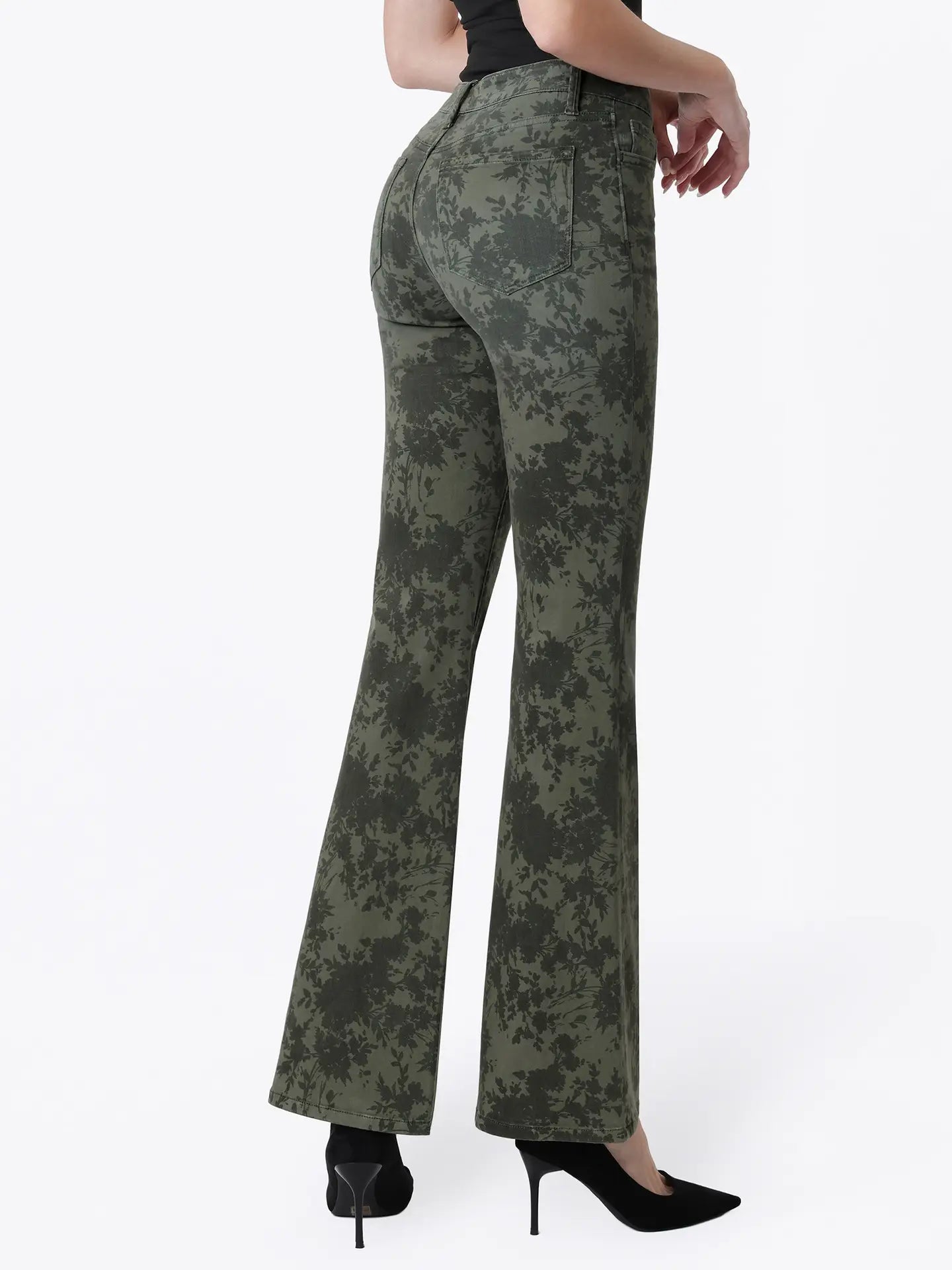 Lovervet Mid Rise Green Floral Print Easy Flare Jeans