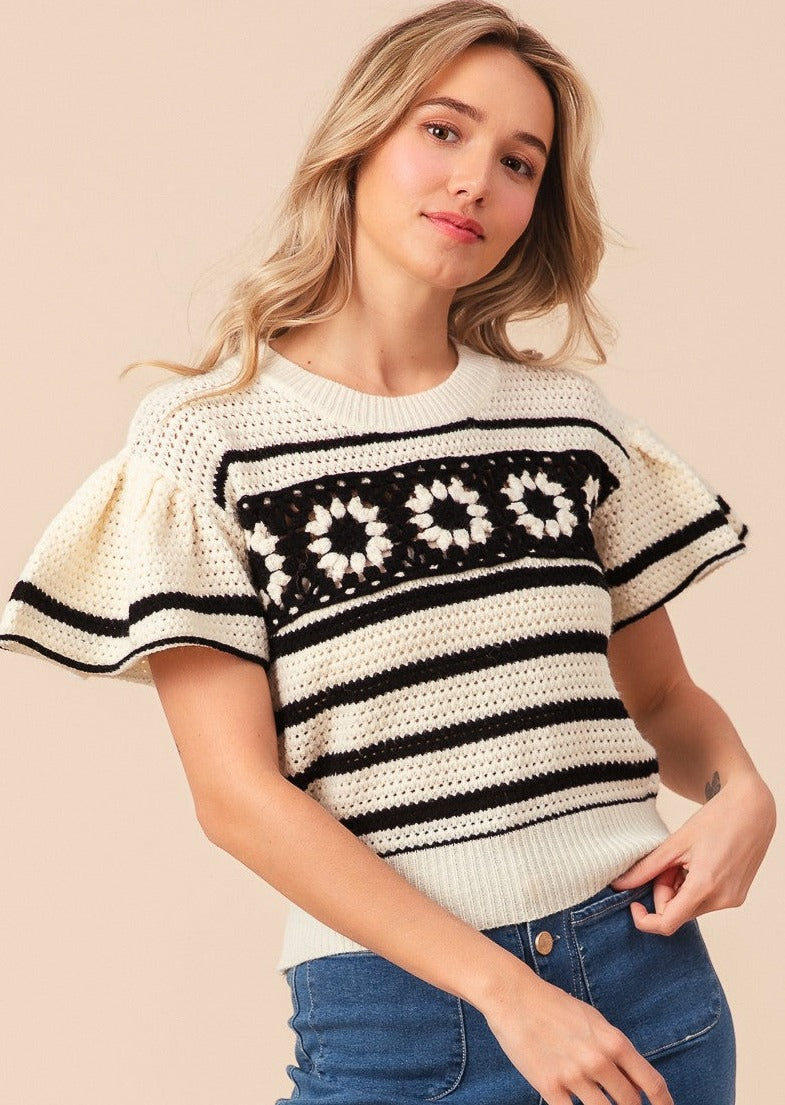 Granny Square Front Striped Flutter Sleeve Sweater Top