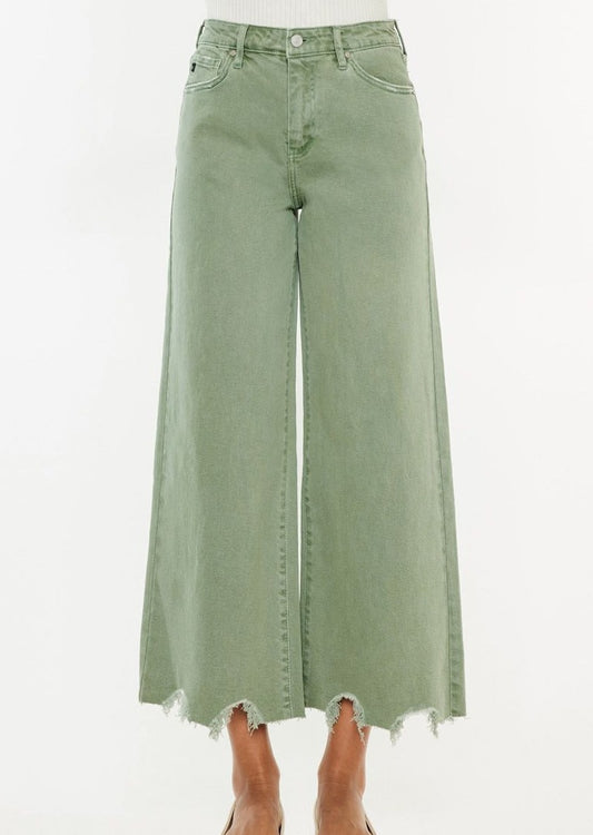 KanCan Olive High Rise Cropped Wide Leg Jeans