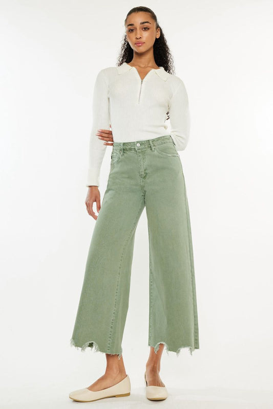 KanCan Olive High Rise Cropped Wide Leg Jeans