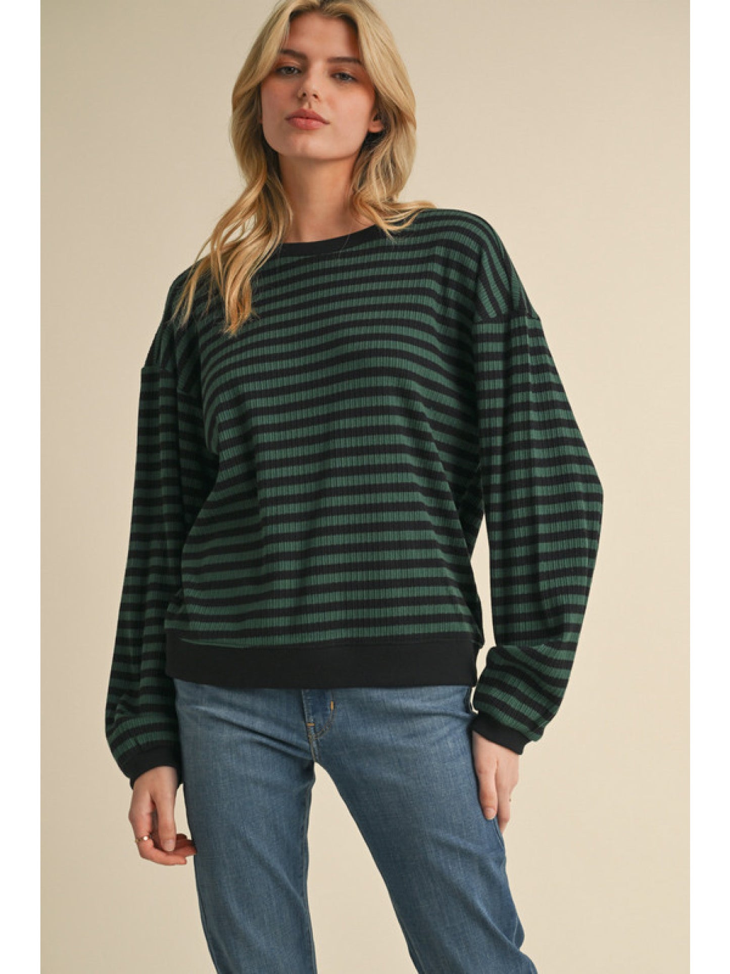 Green and Black Striped Pullover Top