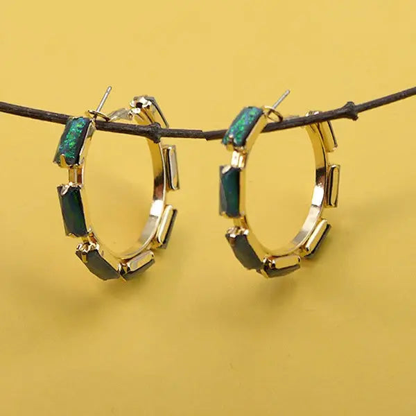 Rectangle Green Stone Hoop Earrings