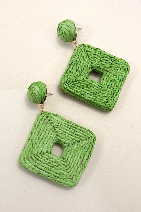 Green Raffia Square Drop Earrings