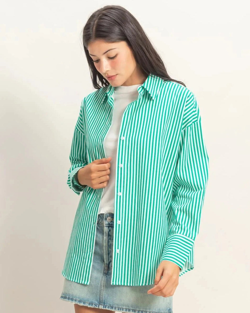 Green Striped Button-Up Poplin Shirt