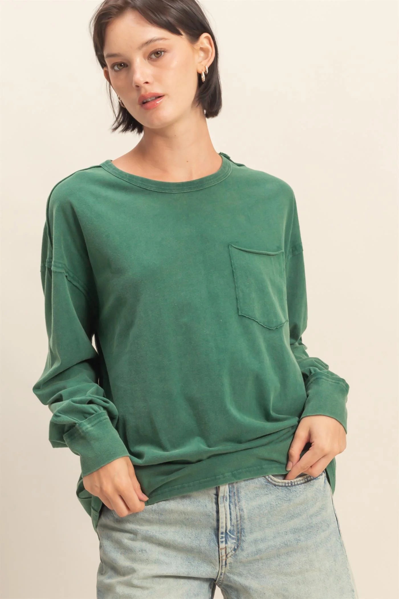 Green Oversized Washed Long Sleeve Pocket Tee