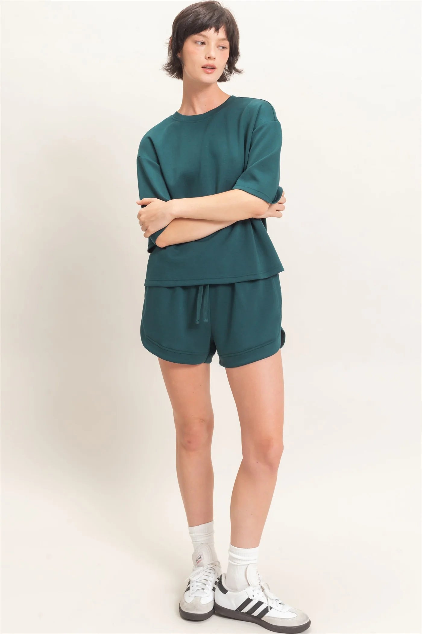 Deep Green Loose Fit Crew Neck Short Sleeve Top