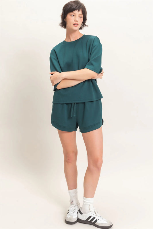 Deep Green Loose Fit Crew Neck Short Sleeve Top