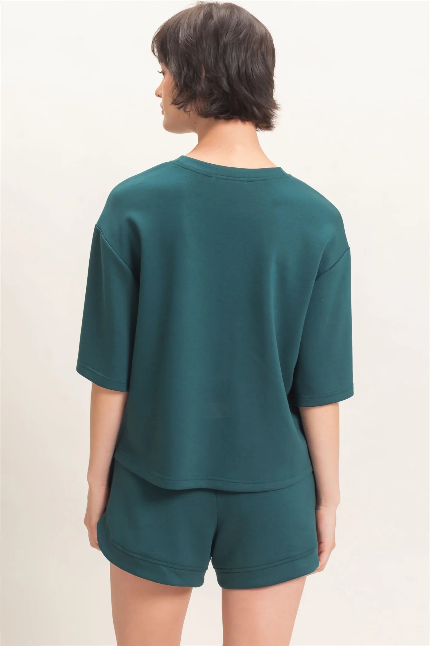 Deep Green Loose Fit Crew Neck Short Sleeve Top