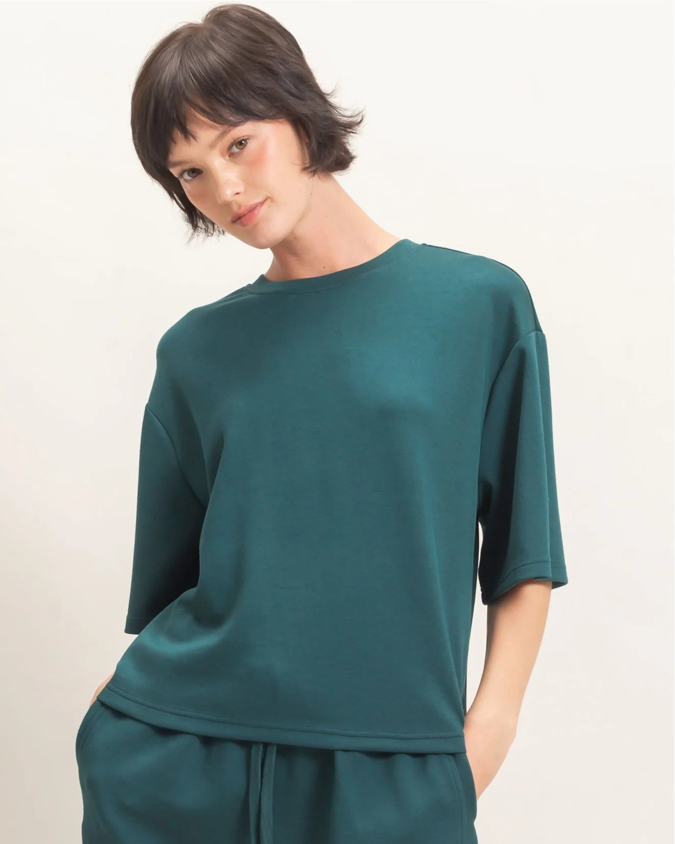 Deep Green Loose Fit Crew Neck Short Sleeve Top