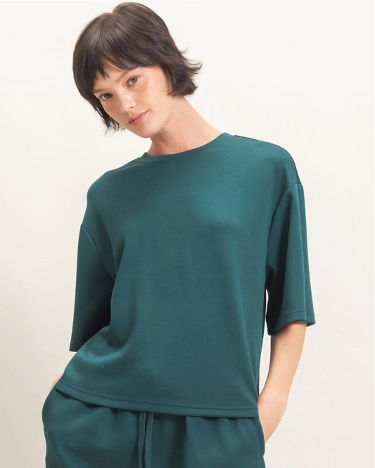 Deep Green Loose Fit Crew Neck Short Sleeve Top