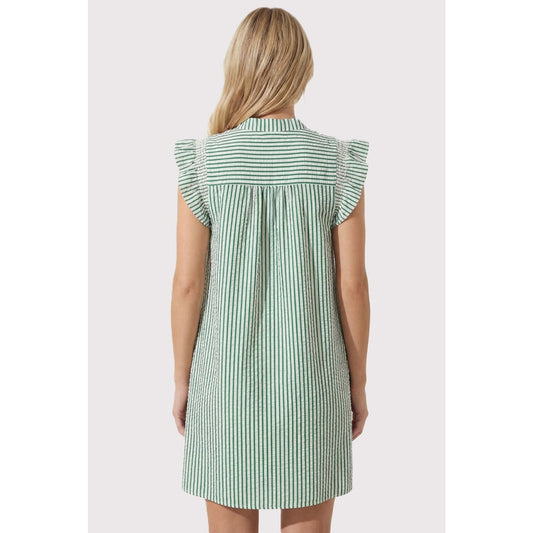 Frilled Neck Smocked Sleeve Striped Dress