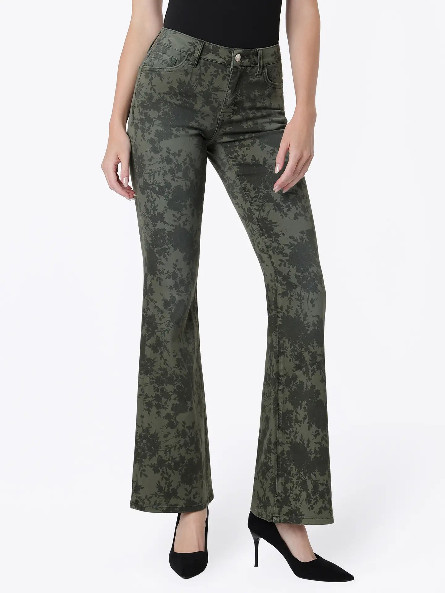 Lovervet Mid Rise Green Floral Print Easy Flare Jeans