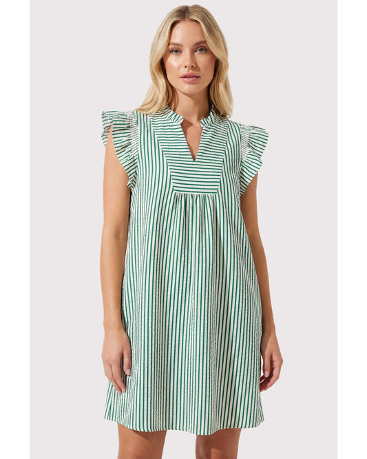 Frilled Neck Smocked Sleeve Striped Dress