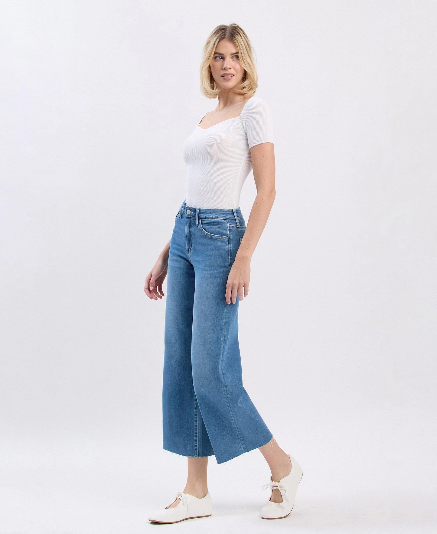 Vervet High Rise Clean Cut Raw Hem Crop Slim Wide Jeans