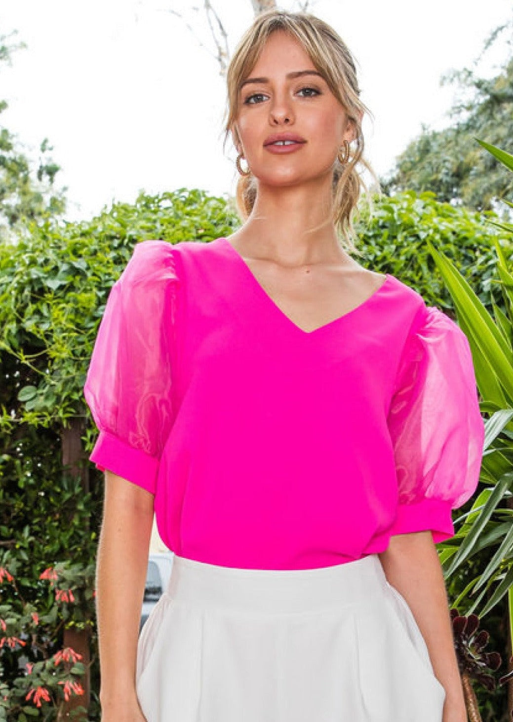 Hot pink puff sleeve top