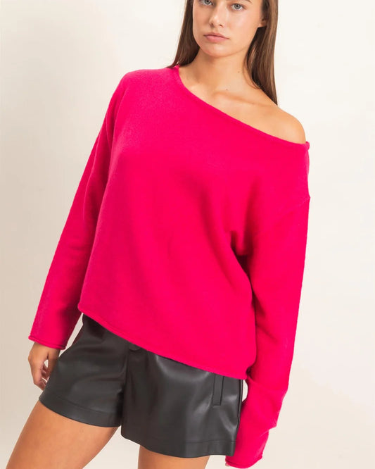 Fuchsia off the shoulder lightweight sweater