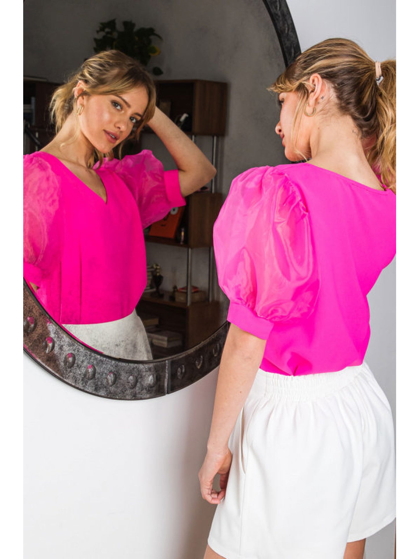 Hot pink puff sleeve top