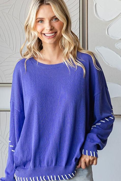 Indigo Knitted Sweater with Embroidery Detail